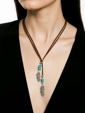 Turquoise Feather Leather Lariat Necklace Western Boho Southwestern Pendant NWT